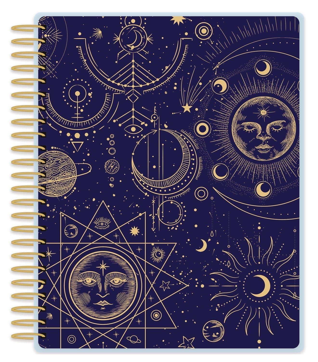 Undated weekly planner with gold celestial cover and spiral binding