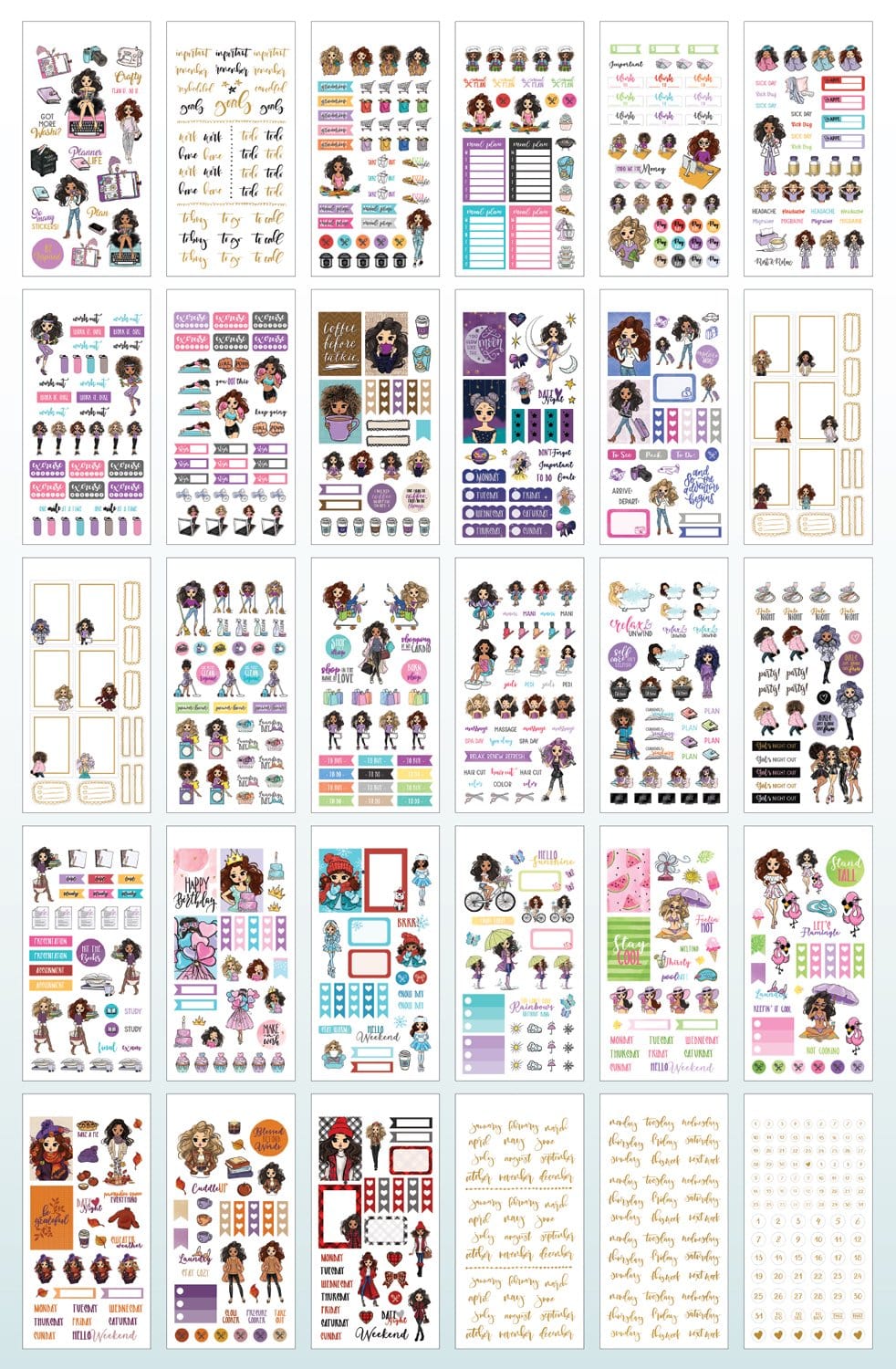 Thirty sheets of Planner Girl stickers laid out