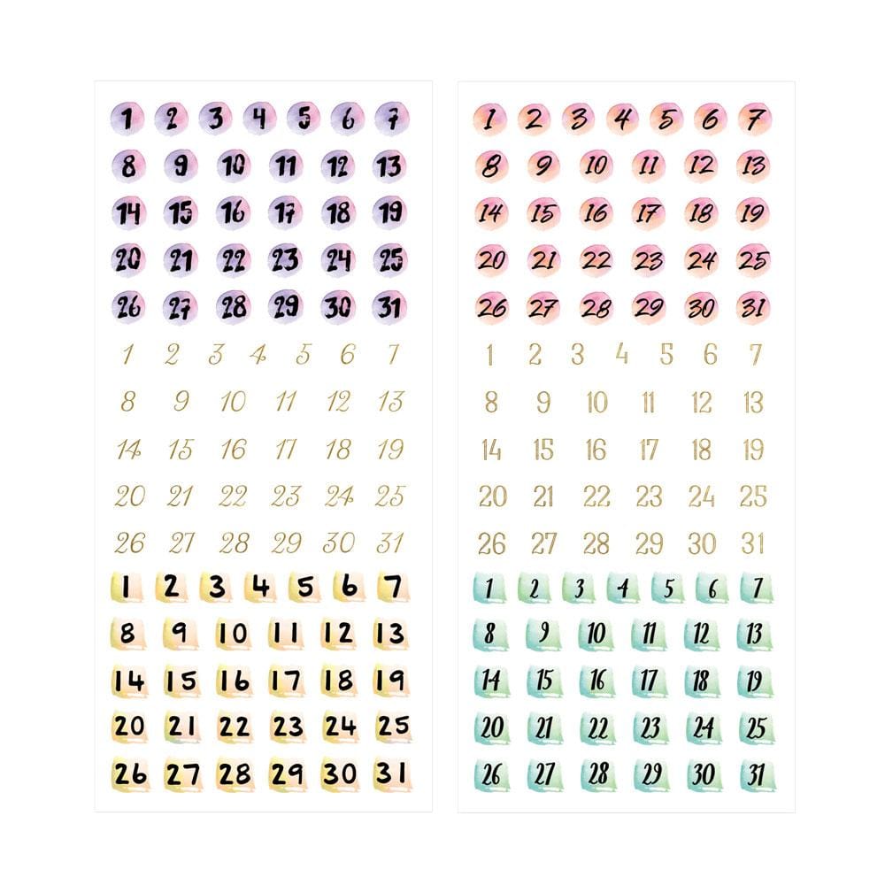 Two sheets of number planner stickers with gold detail
