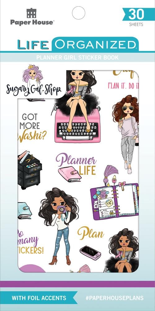 Planner sticker book open to colourful functional sticker sheets