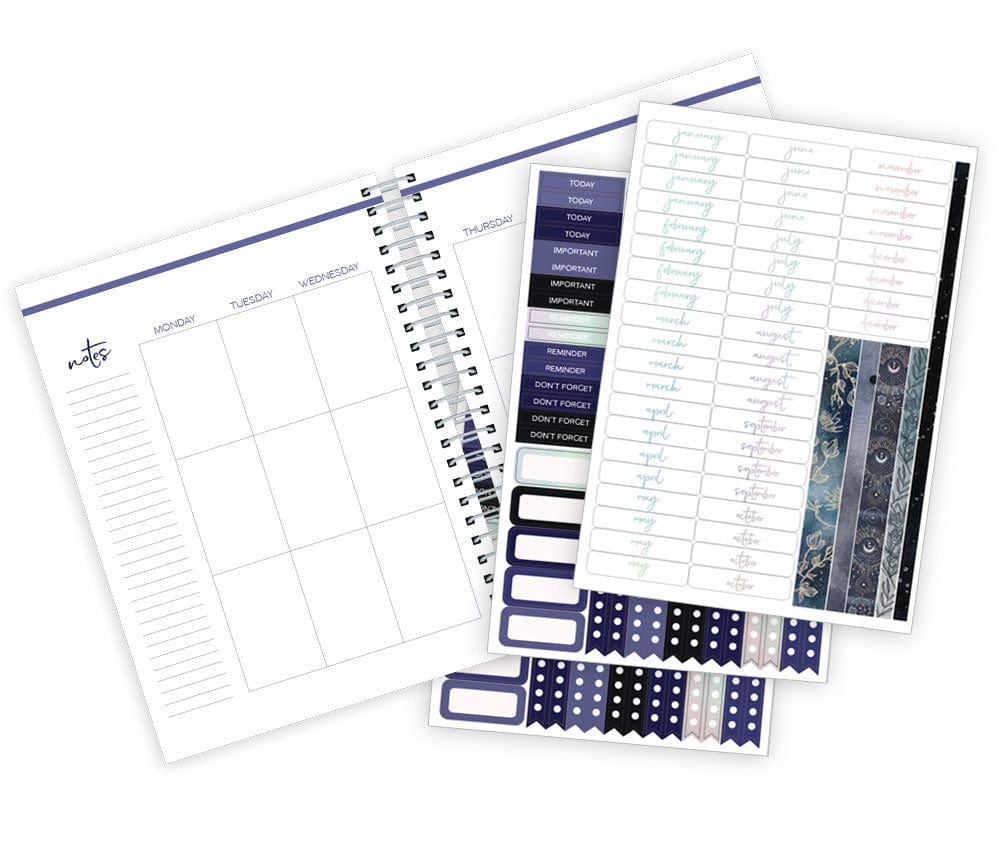 Celestial planner weekly spread with blue and silver stickers