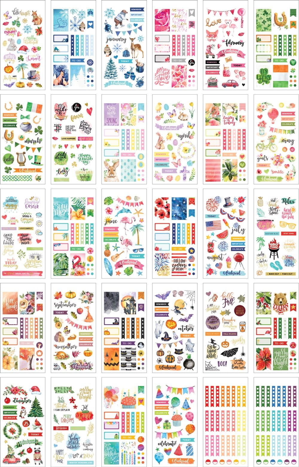 Thirty sheets of seasonal holiday planner stickers