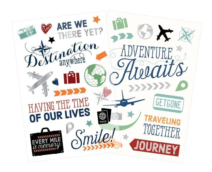 Clear travel sticker sheets overlapping on white