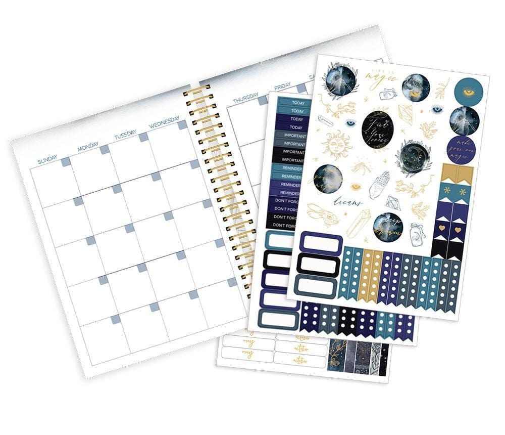 Celestial planner monthly spread with three sticker sheets