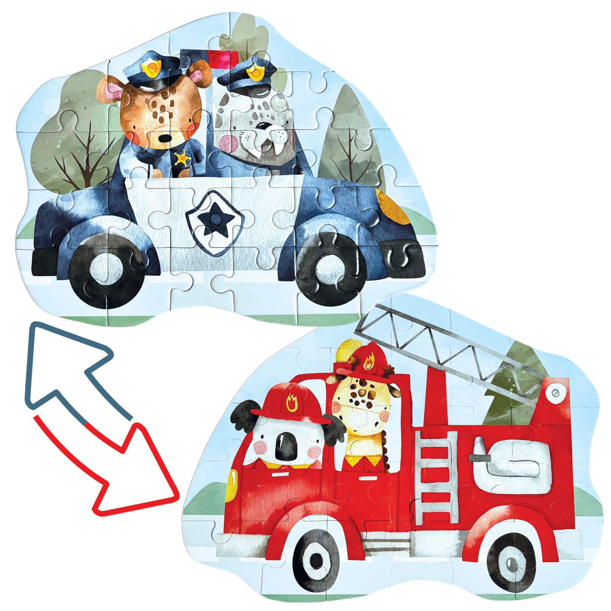 Double-sided mini puzzle featuring a police car and fire truck