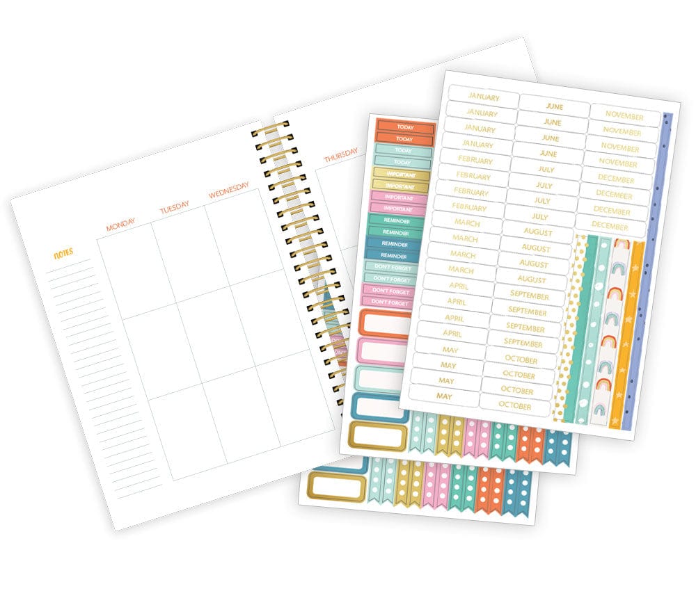 Boho Rainbow planner interior weekly spread with sticker sheets